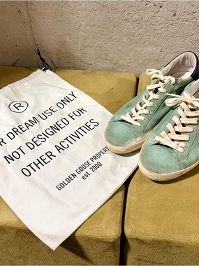 Golden Goose Super-Star Mint Green Suede Low-Top Sneakers with Cream Laces